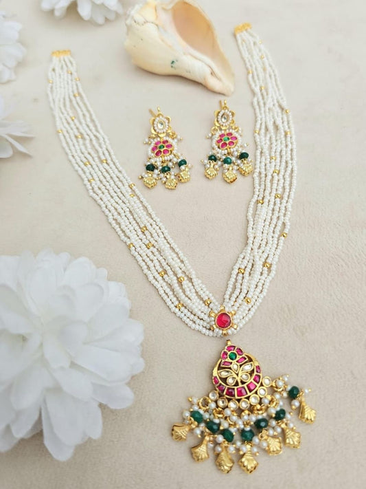 Ishhaara Kundan Pearl Long Necklace Set - handcrafted Indian jewellery