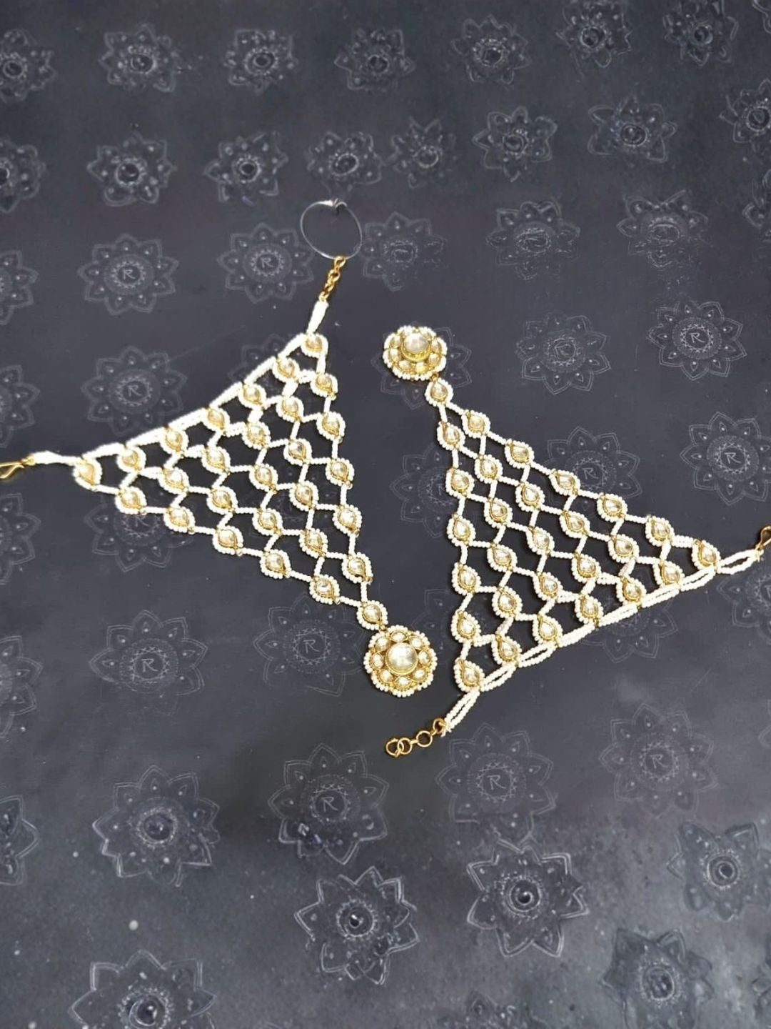 Ishhaara Kundan Pearl Mesh Anklet Pair - handcrafted Indian jewellery