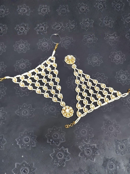 Ishhaara Kundan Pearl Mesh Anklet Pair - handcrafted Indian jewellery
