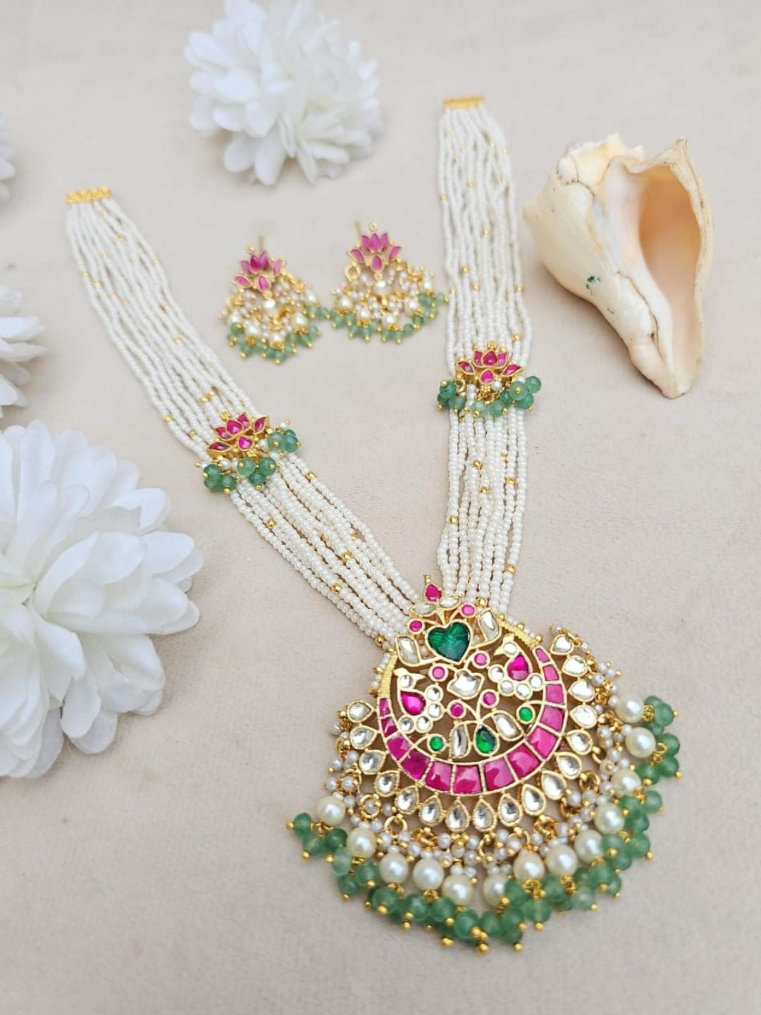 Ishhaara Kundan Pearl Pendant Necklace Set - handcrafted Indian jewellery