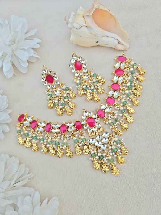 Ishhaara Kundan Pink Floral Choker with Mint Bead Drops