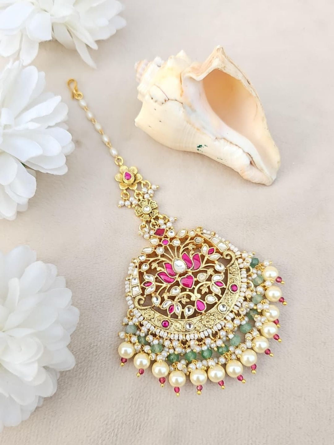 Ishhaara Kundan Pink Floral Maang Tikka with Pearl Tassel