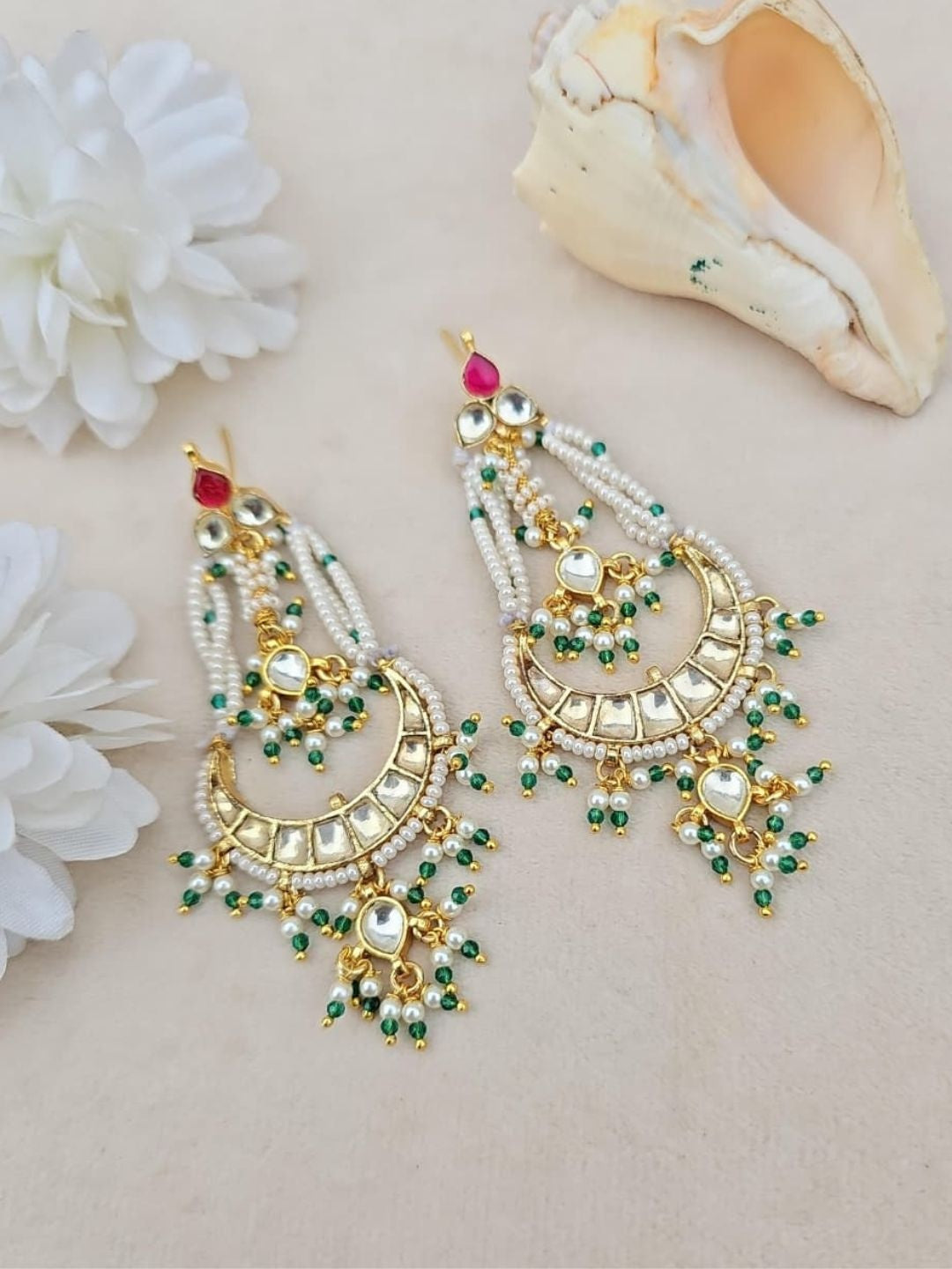 Ishhaara Kundan Pink & Green Chandbali Drop Earrings