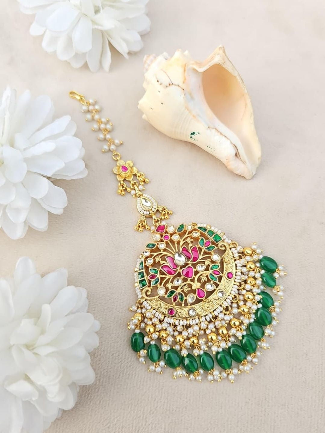 Ishhaara Kundan Pink & Green Floral Maang Tikka with Bead Tassel