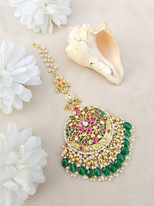 Ishhaara Kundan Pink & Green Floral Maang Tikka with Bead Tassel