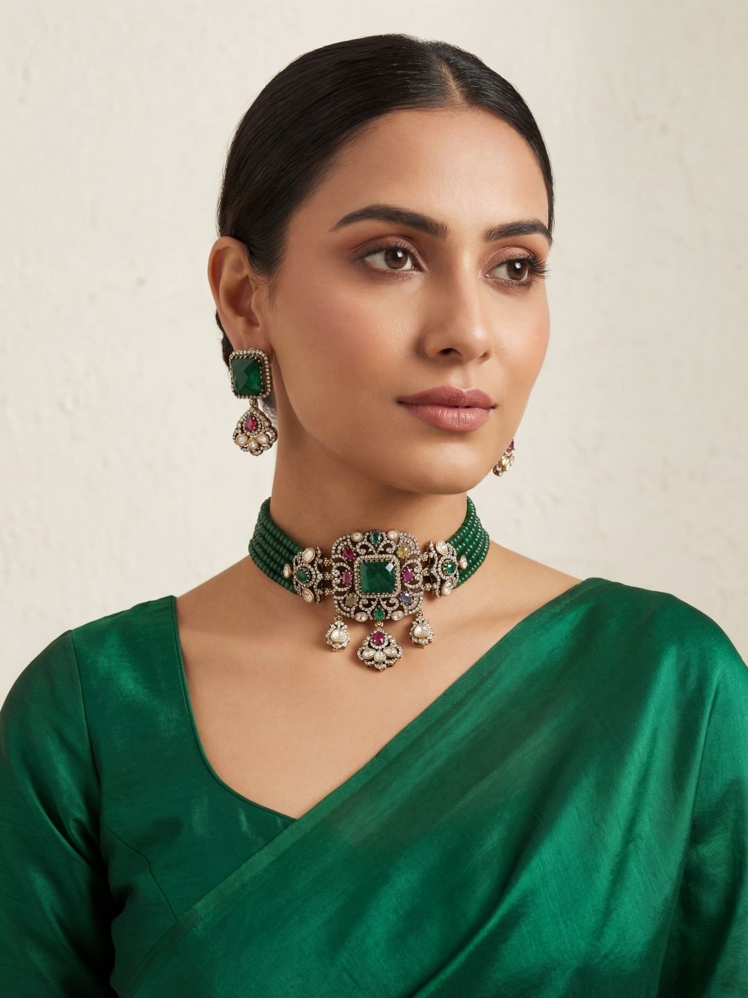 Ishhaara Kundan Polki And Emerald Stone Choker Necklace Set