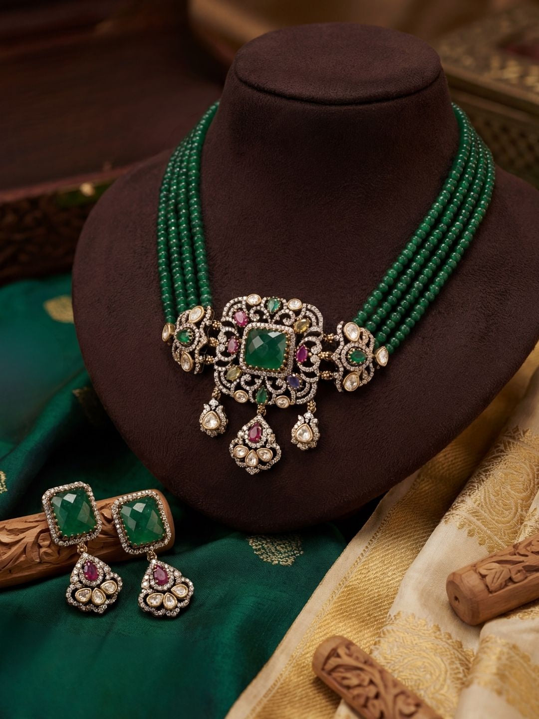 Ishhaara Kundan Polki And Emerald Stone Choker Necklace Set