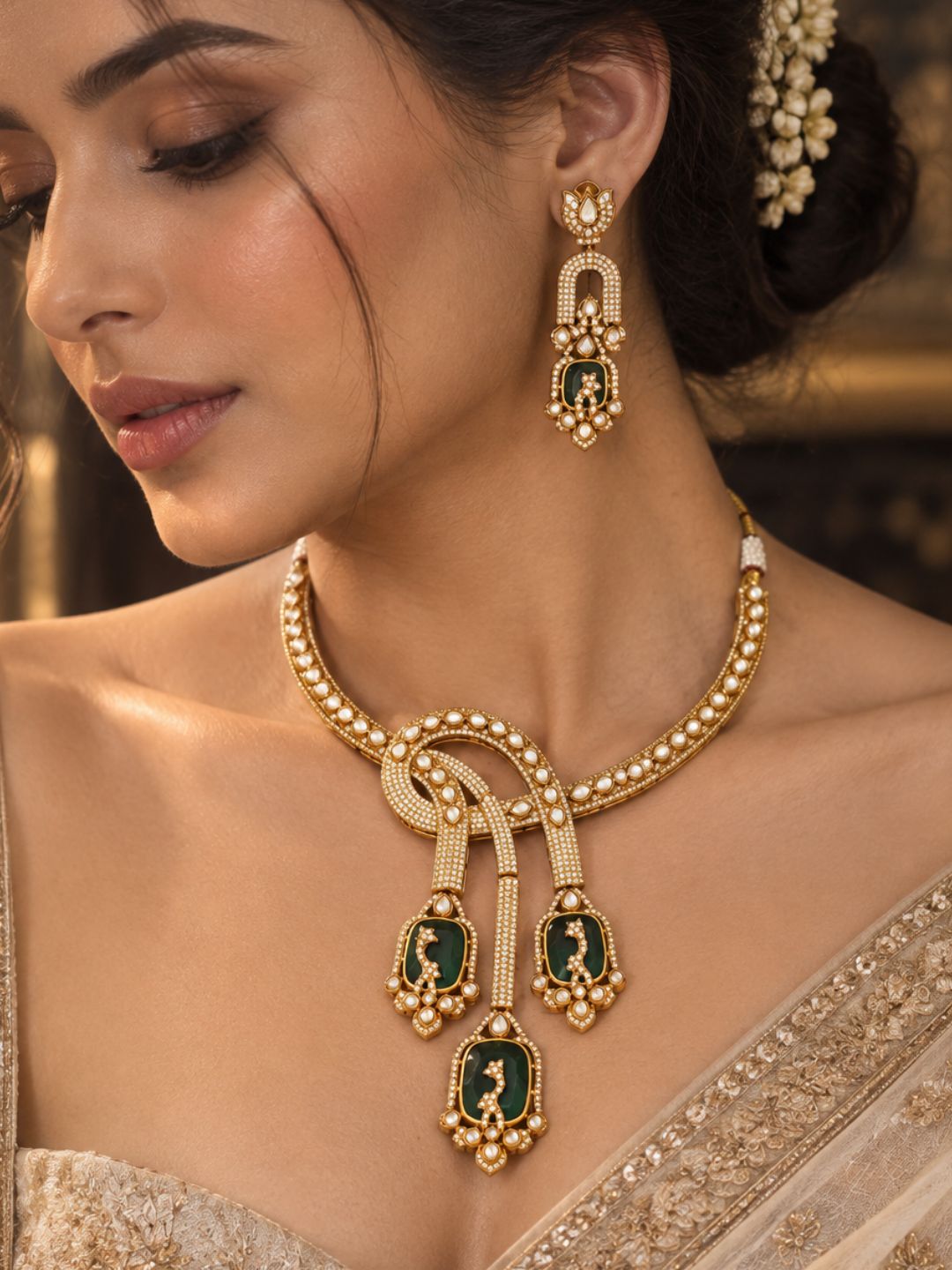 Ishhaara Kundan Polki And Emerald Stone Necklace Set