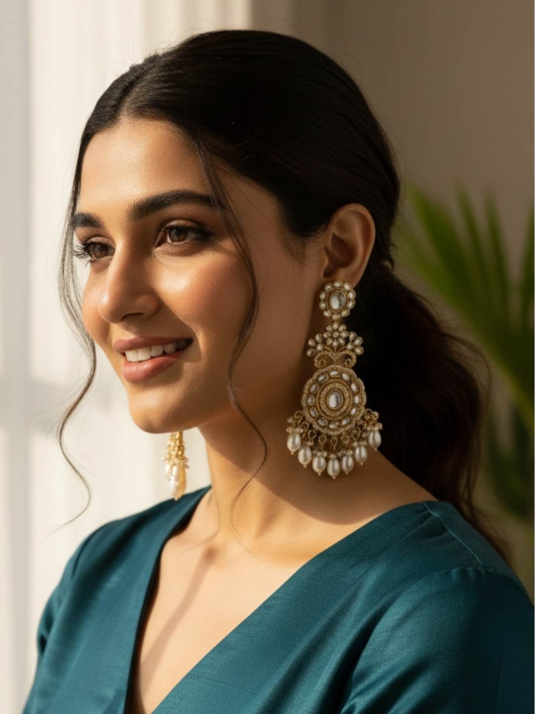 Ishhaara Kundan Polki And Pearl Drop Chandbaali Earrings