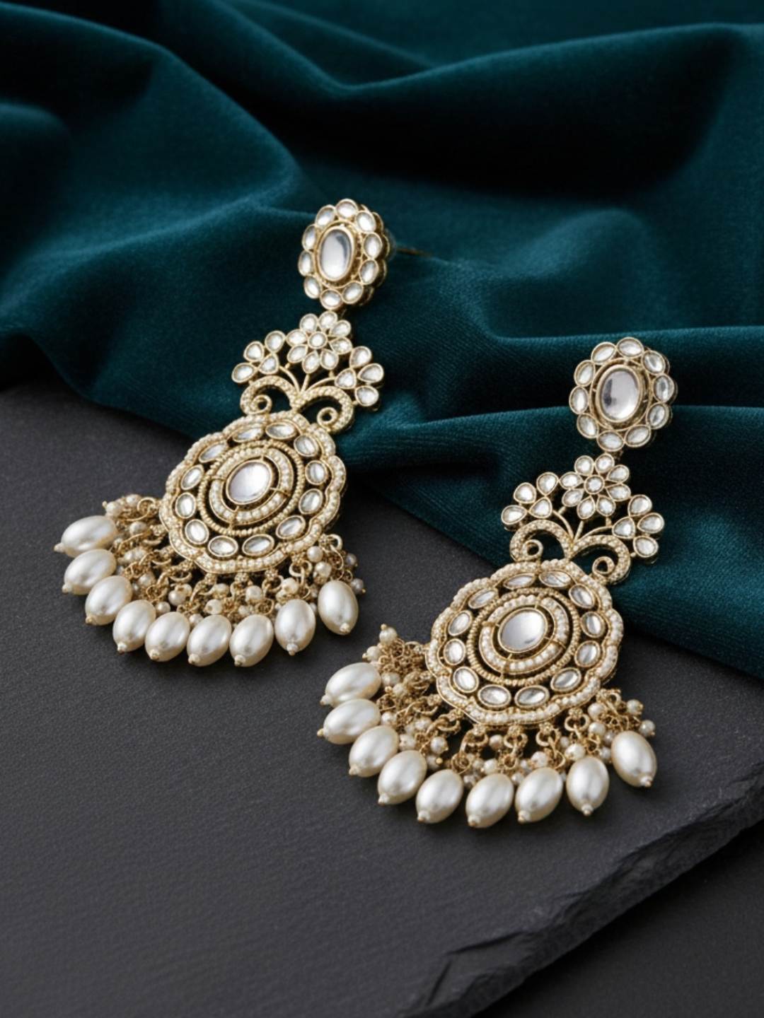 Ishhaara Kundan Polki And Pearl Drop Chandbaali Earrings