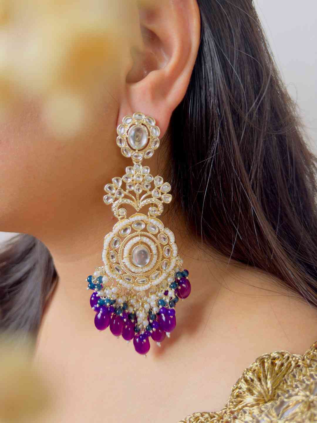 Ishhaara Kundan Polki And Pearl Drop Chandbaali Earrings