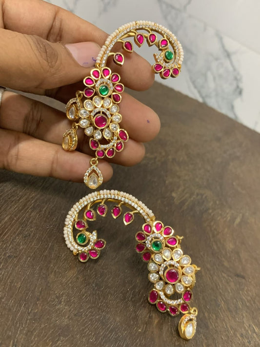 Ishhaara Kundan Polki Ear Cuff With Red And Green Gemstones