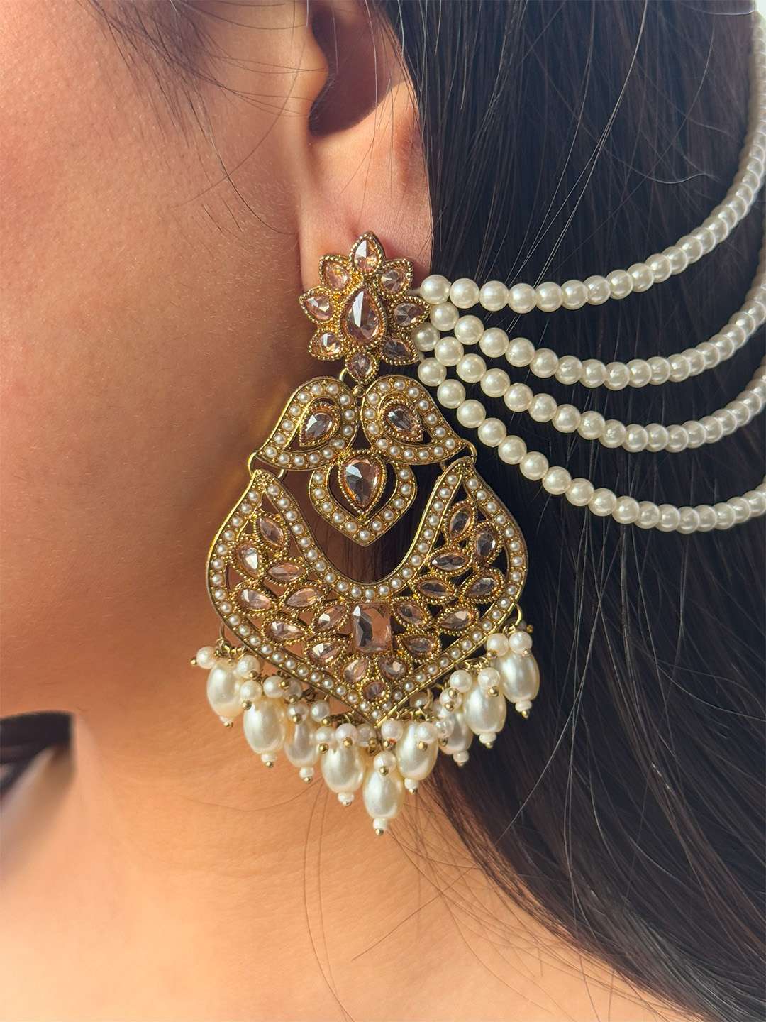 Ishhaara Kundan Polki Earrings With Pearl Chain And Teeka