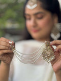 Ishhaara Kundan Polki Earrings With Pearl Chain And Teeka