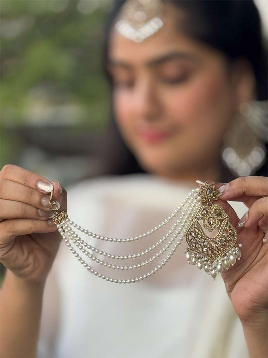Ishhaara Kundan Polki Earrings With Pearl Chain And Teeka