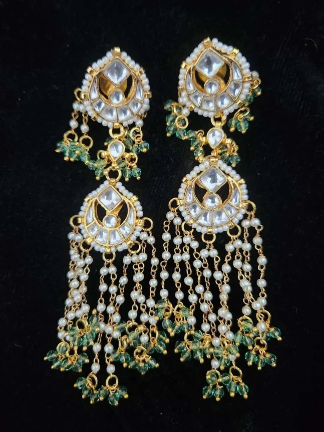 Ishhaara Kundan Polki With Green Beads Drop Earrings