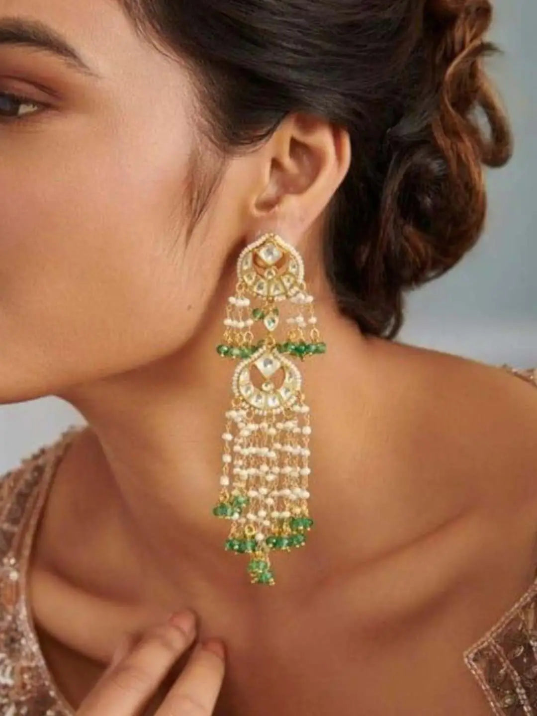 Ishhaara Kundan Polki With Green Beads Drop Earrings