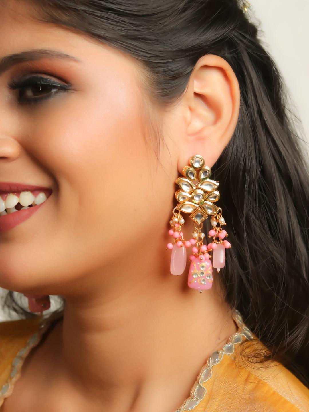 Ishhaara Kundan Precious Stone Earrings Pink