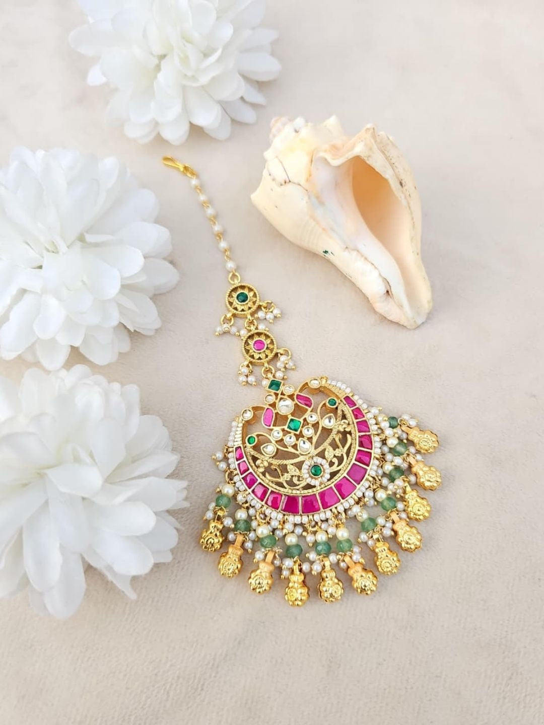Ishhaara Kundan Ruby & Emerald Pearl Chain Maang Tikka