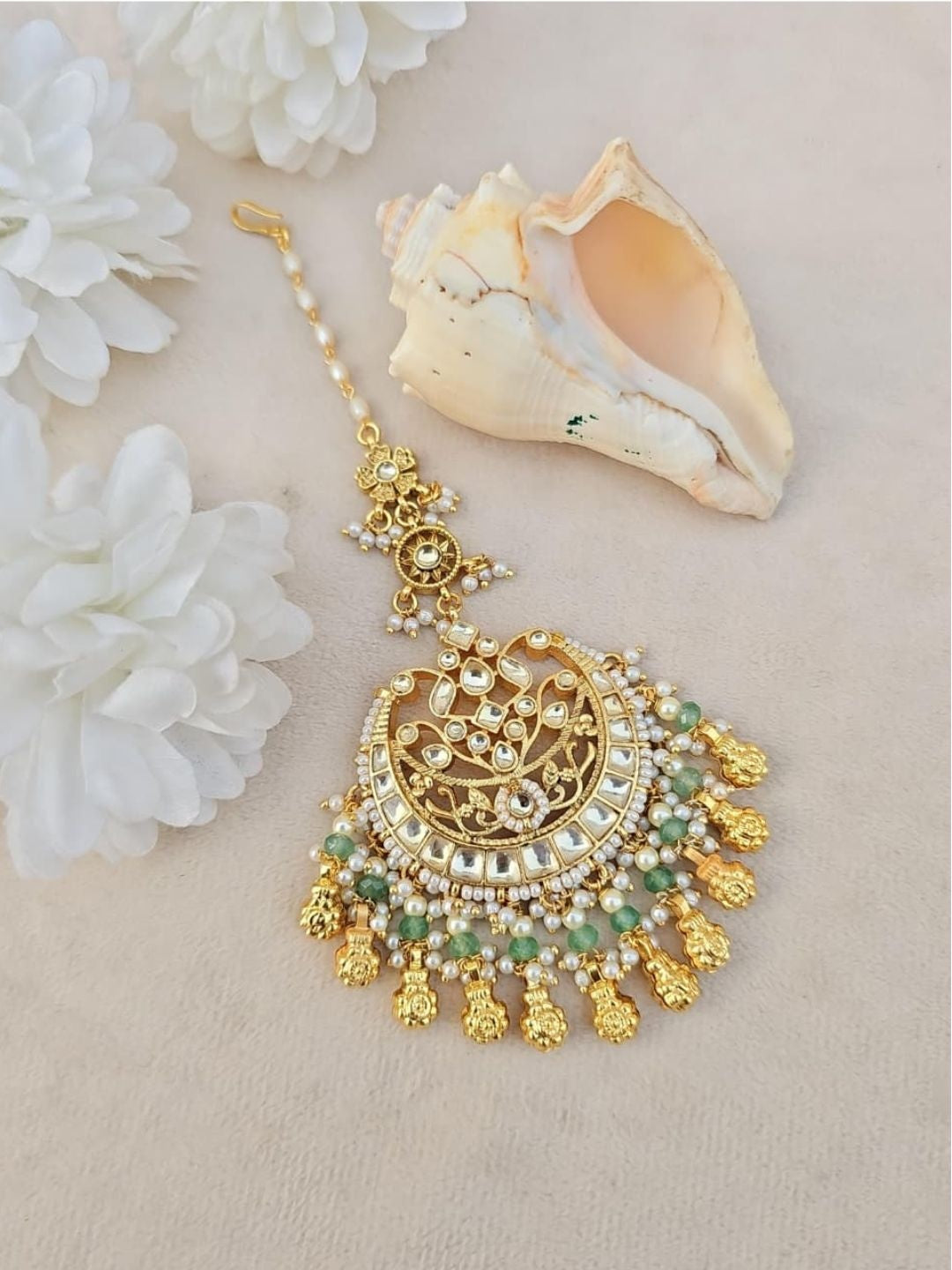 Ishhaara Kundan Ruby & Emerald Pearl Chain Maang Tikka