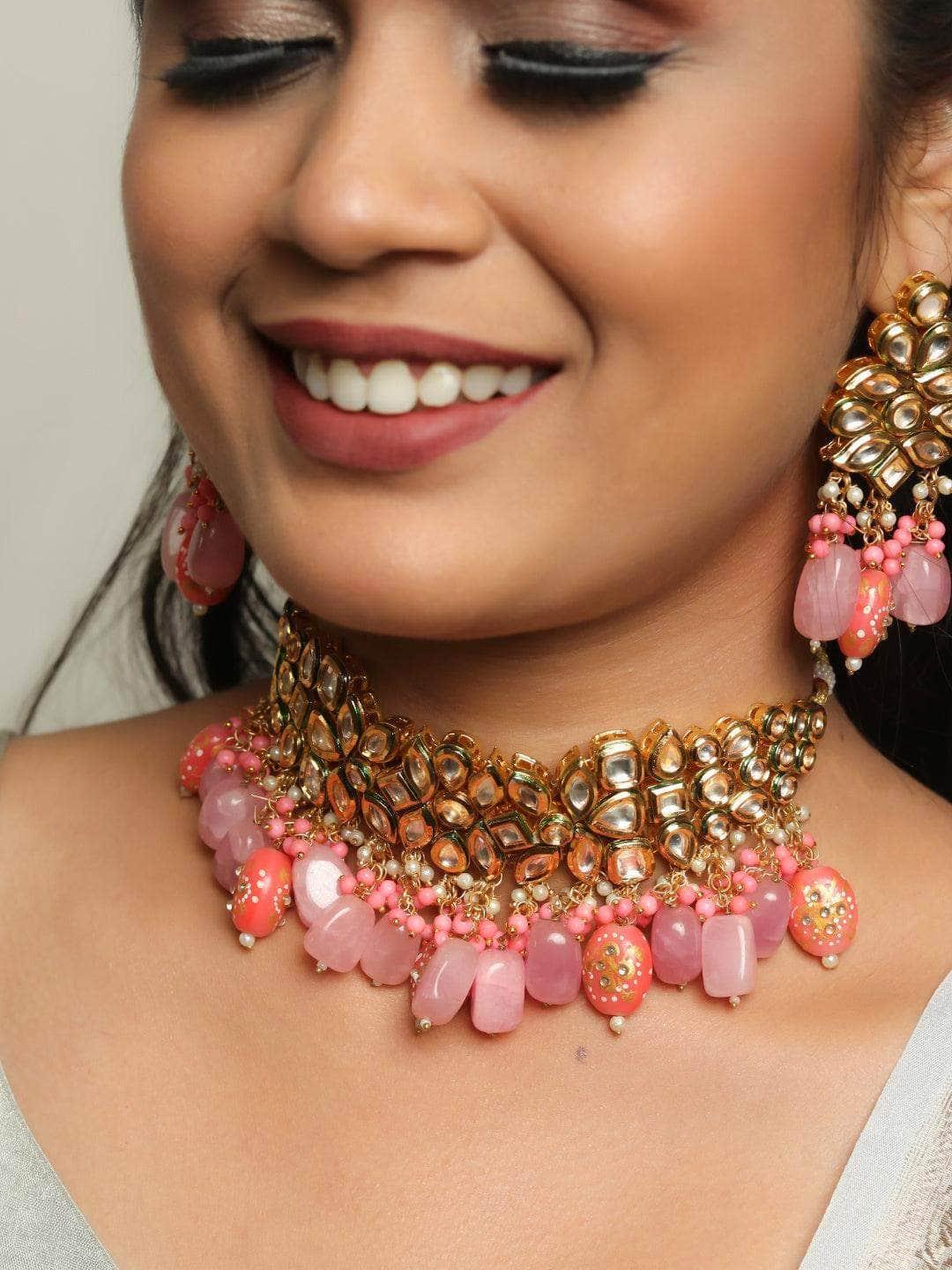 Ishhaara Kundan Semi Precious Choker - Light pink