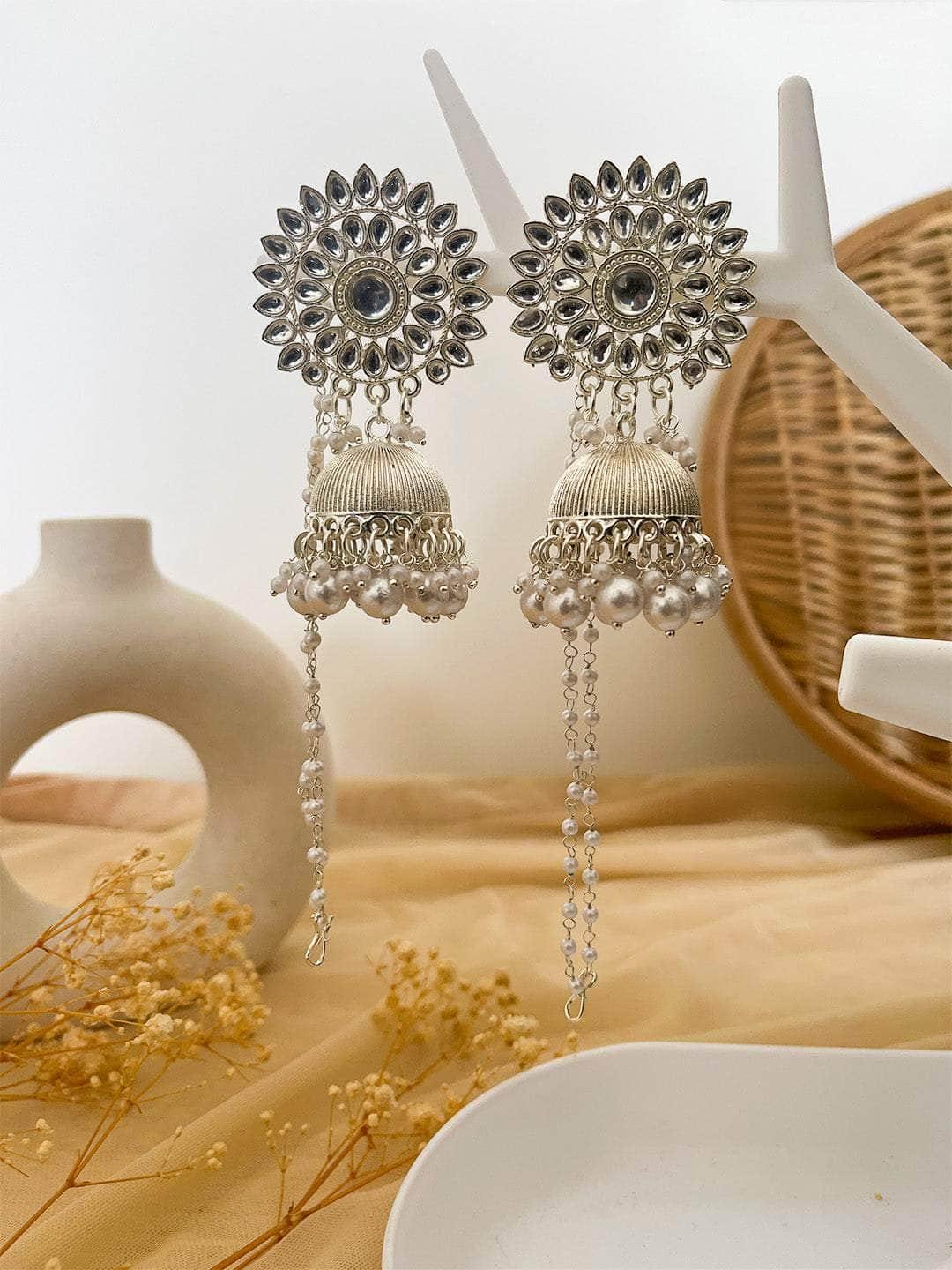 Ishhaara Kundan Studded Silver Jhumkas