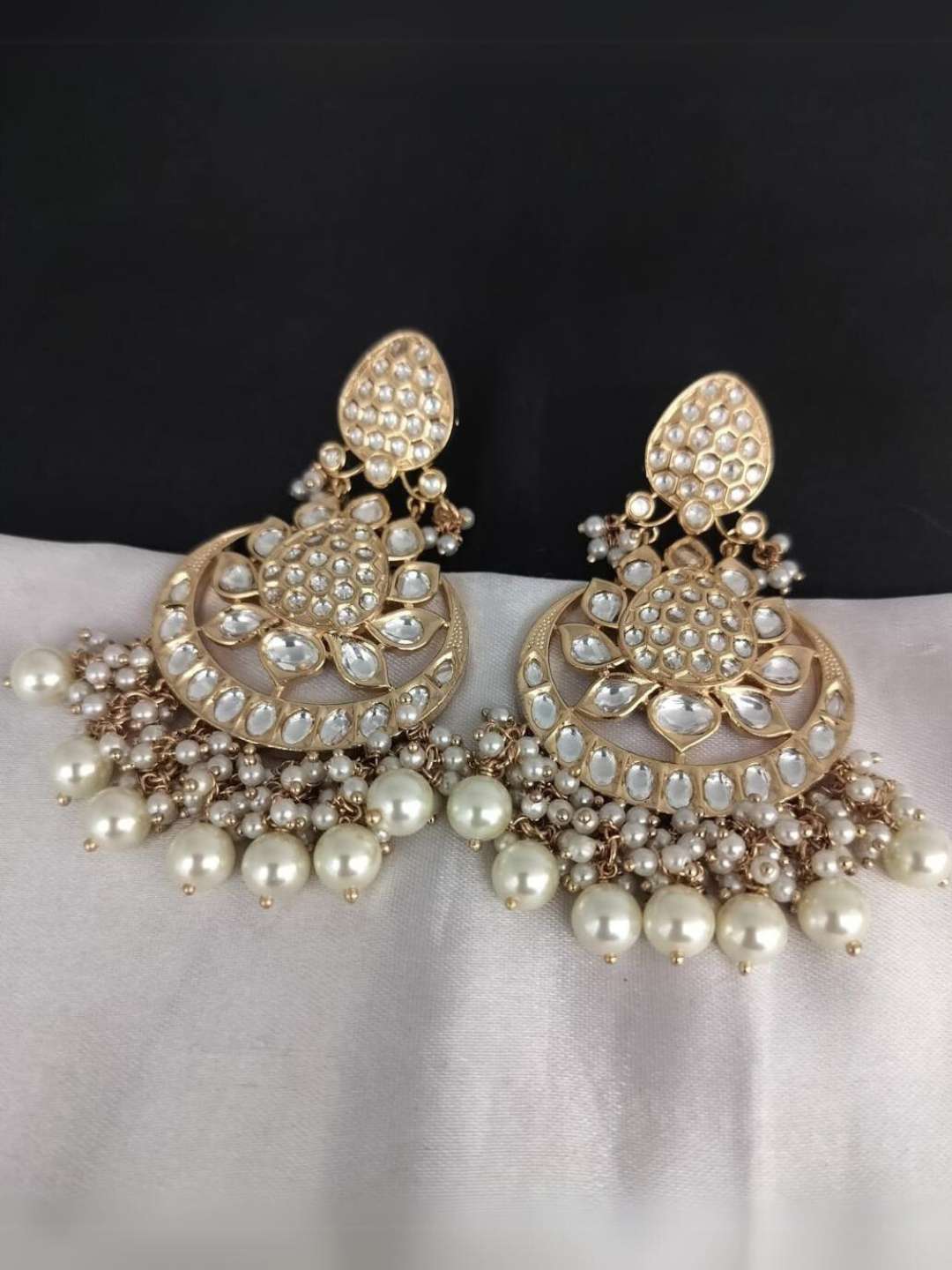 Ishhaara Kundan Studded White Drop Beads Chandbali Earrings