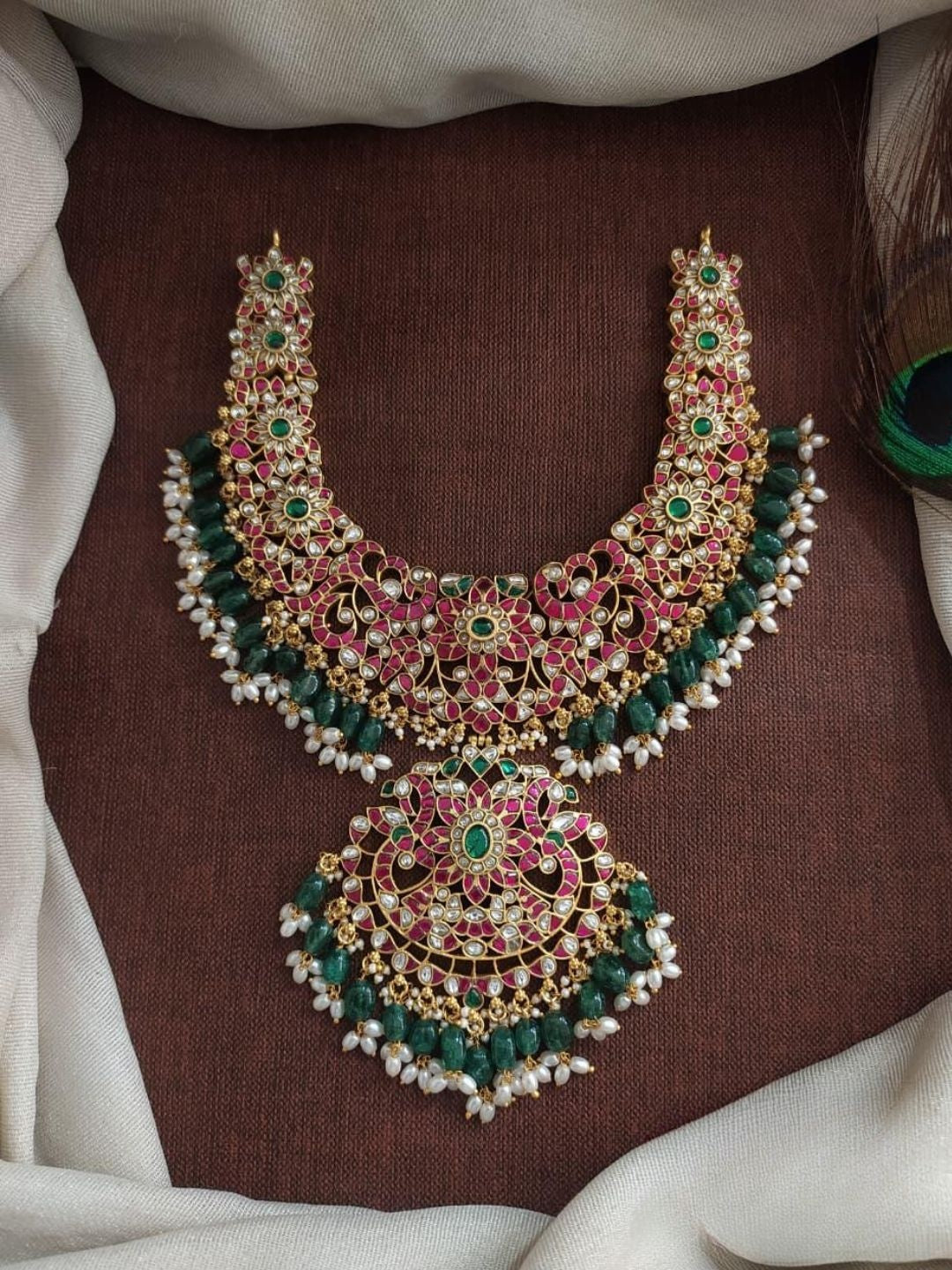 The brand Kundan Temple Necklace with Emerald and Ruby Stones — handcrafted Indian jewellery
