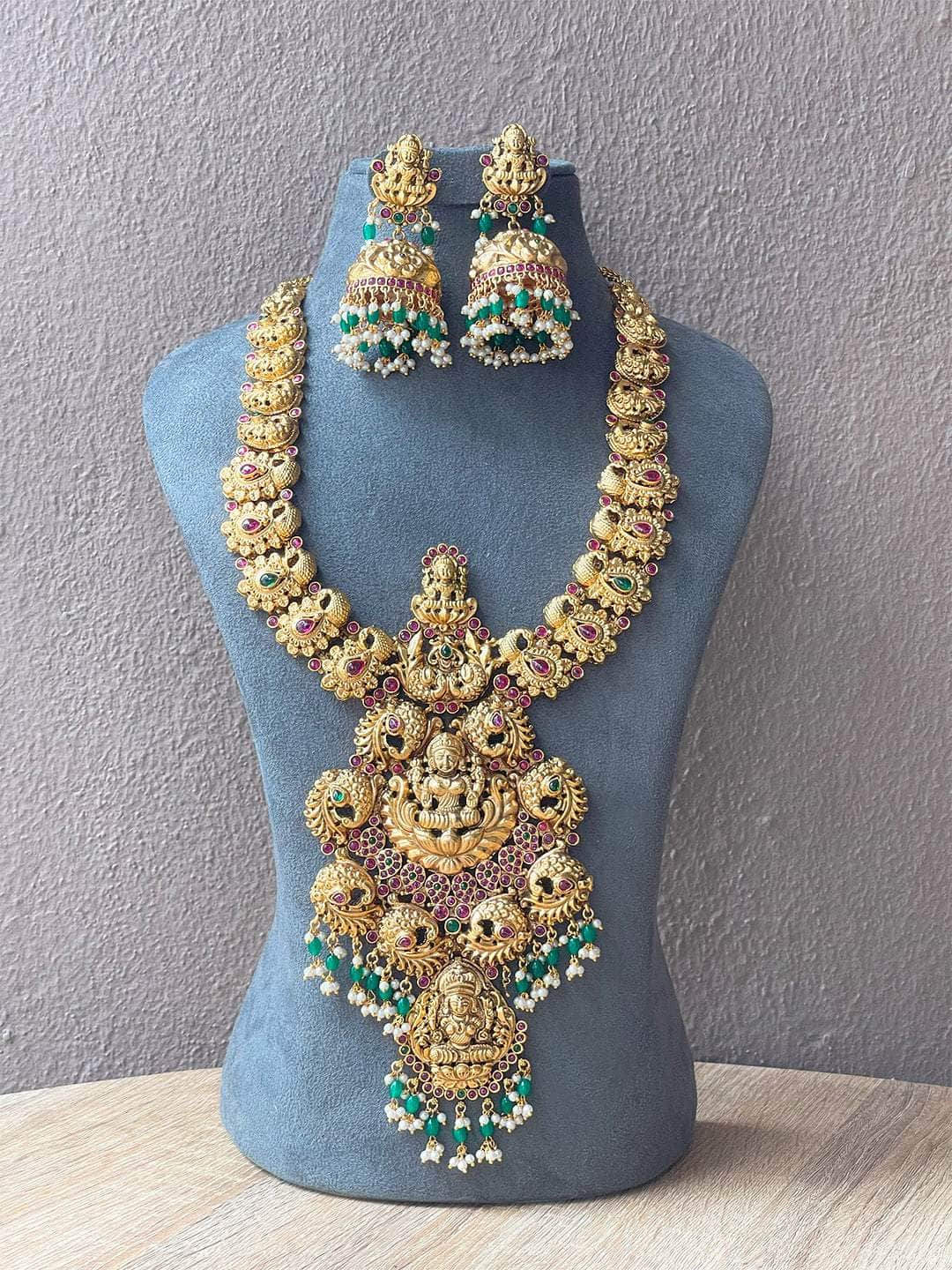 Ishhaara Lakshmi Jadau Long Necklace With Green Beads