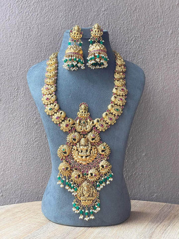 Ishhaara Lakshmi Jadau Long Necklace With Green Beads