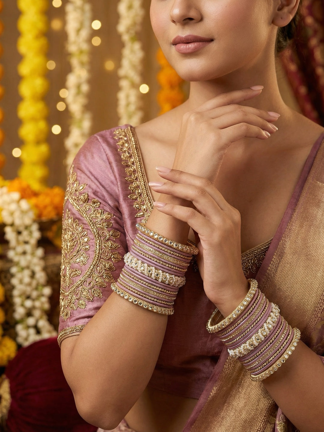 Ishhaara Lavender Embellished Silk Sari - A woman wearing a lavender sari with gold embroidery and traditional Indian jewelry - view 25