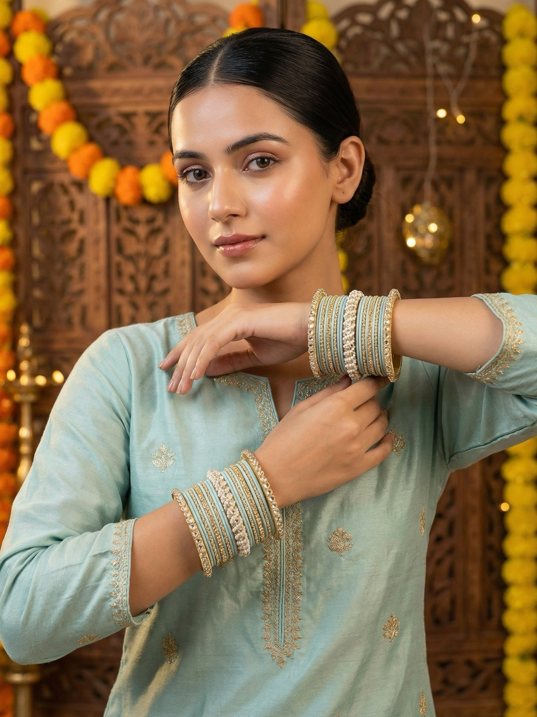 Ishhaara Lavender Embellished Silk Sari - A woman wearing a lavender sari with gold embroidery and traditional Indian jewelry - view 35
