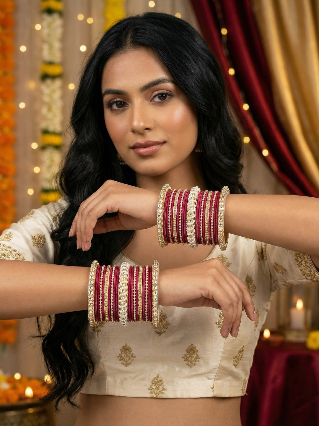 Ishhaara Lavender Embellished Silk Sari - A woman wearing a lavender sari with gold embroidery and traditional Indian jewelry - view 38