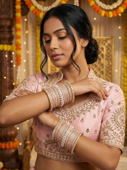 Ishhaara Lavender Embellished Silk Sari - A woman wearing a lavender sari with gold embroidery and traditional Indian jewelry - view 5