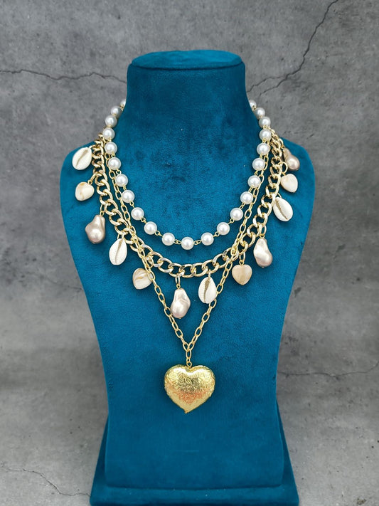 Ishhaara Layered Heart Locket Multi Charm Pearl Necklace