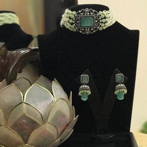 Ishhaara Light Green Rectangular Carved Pearls Choker Necklace Set