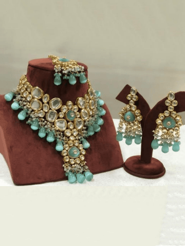 Ishhaara Light Blue Big Kundan Long Pendant Necklace Set