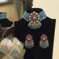 Ishhaara Light Blue Drop Stone Multi Bead Choker Necklace Set