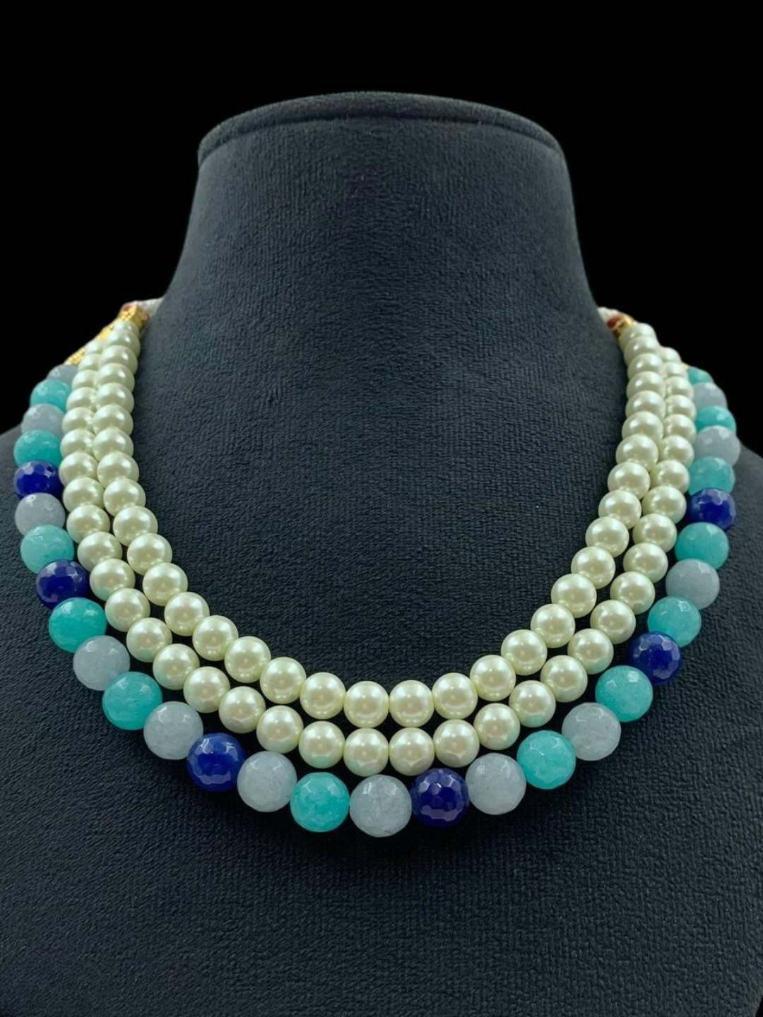 Ishhaara Light Blue Gemstones And Pearl Studded Layered Choker