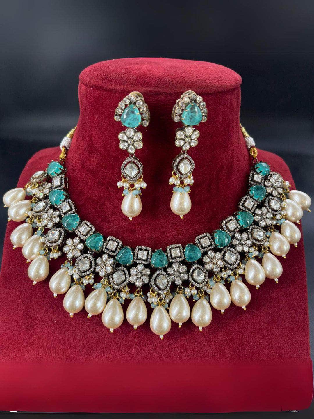 Ishhaara Light Blue Gold Finish Multi-Colored Kundan Necklace Set