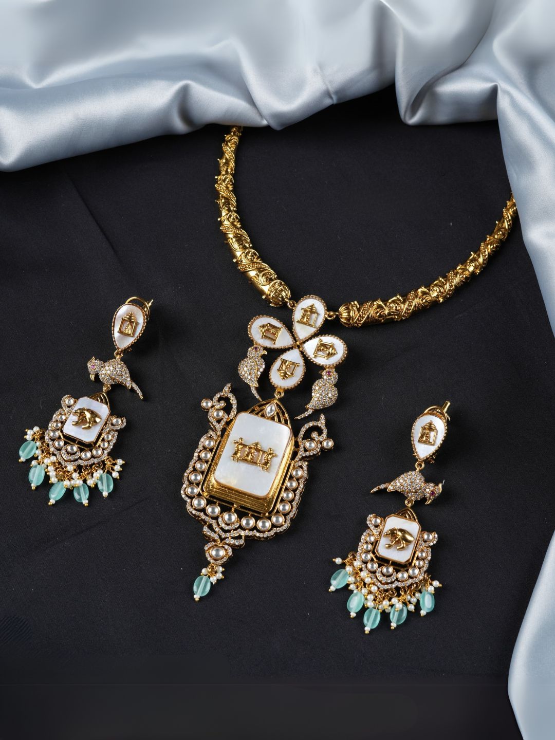 Ishhaara Light Blue Gold Plated Meenakari Hasli Set