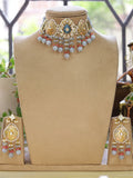 Ishhaara Light Blue Gold Plated Pearl Beaded Stone Studded Necklace And Earrings Set