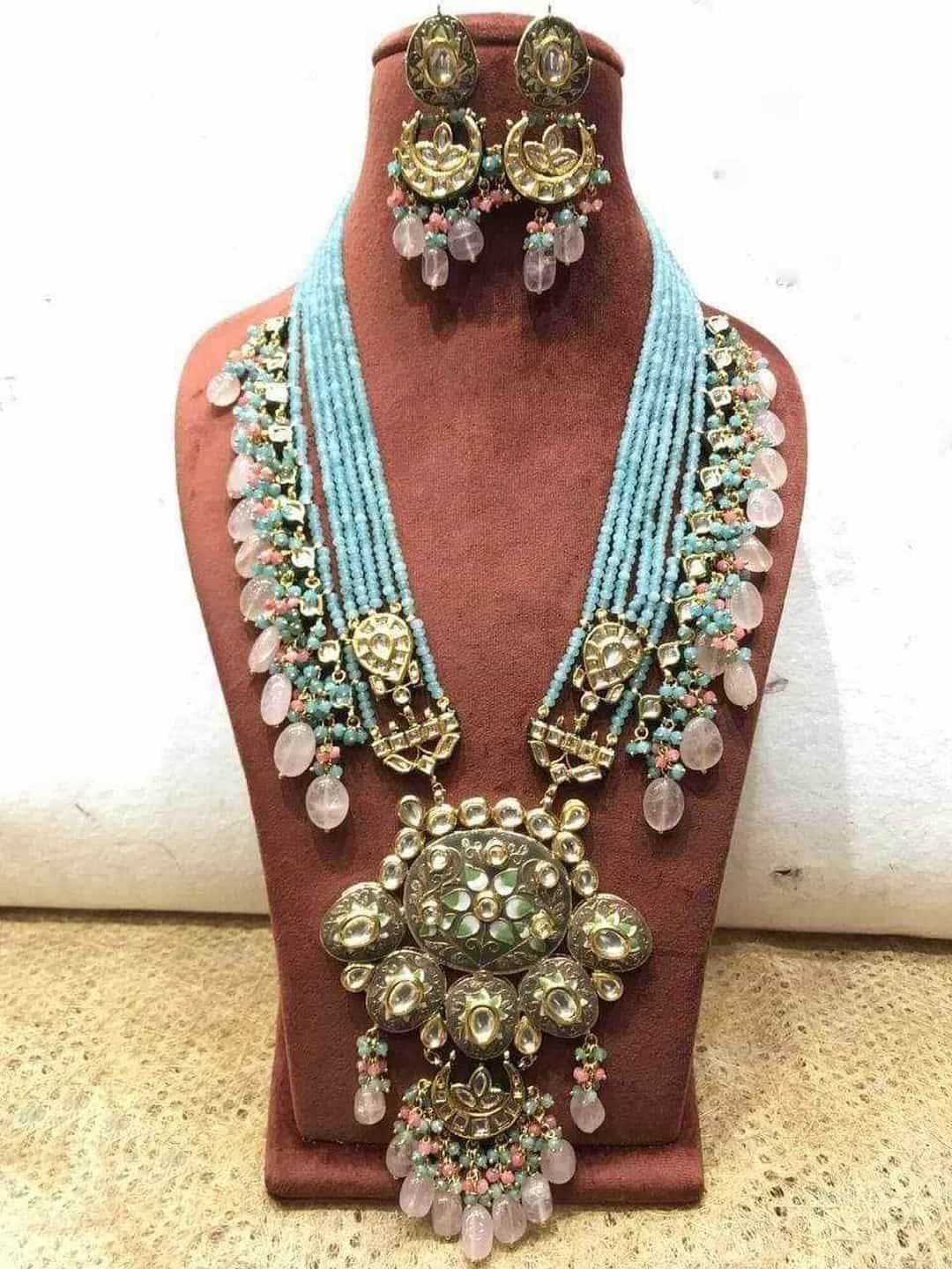 Ishhaara Light Blue Handpainted Kundan Pendant Necklace