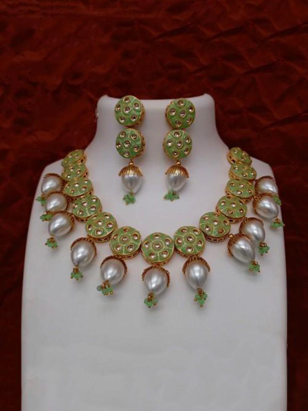 Ishhaara Light Blue Jadau Meena Pearls Necklace And Earring Set
