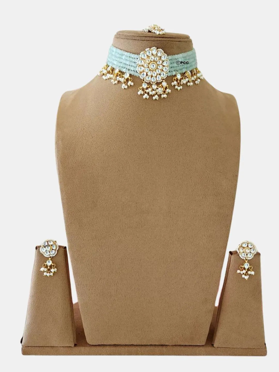 Ishhaara Light Blue Kundan And Pearls Flowers Choker Necklace