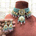 Ishhaara Light Blue Kundan Patch Choker With Handpainted Pendant