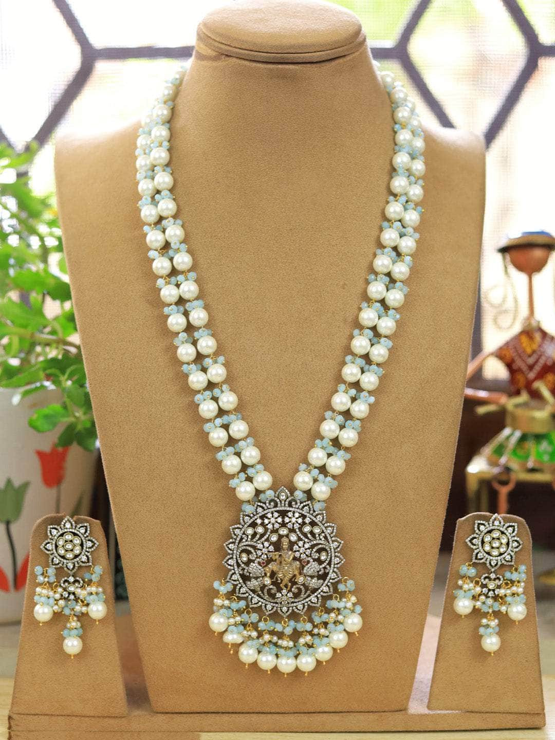 Ishhaara Light Blue Kundan Pearl Studded Long Temple Necklace