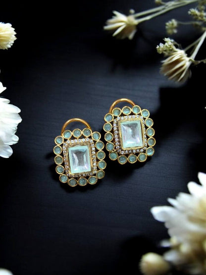 Ishhaara Light Blue Kundan Polki Square Stud Earings