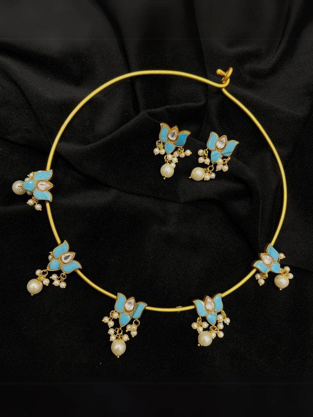 Ishhaara Light Blue Lotus Motif Closed Necklace