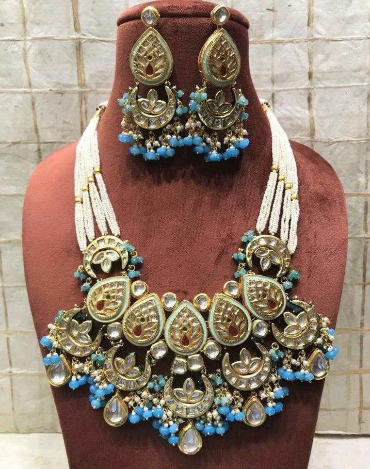 Ishhaara Light Blue Meena Kundan Multi Chand Necklace
